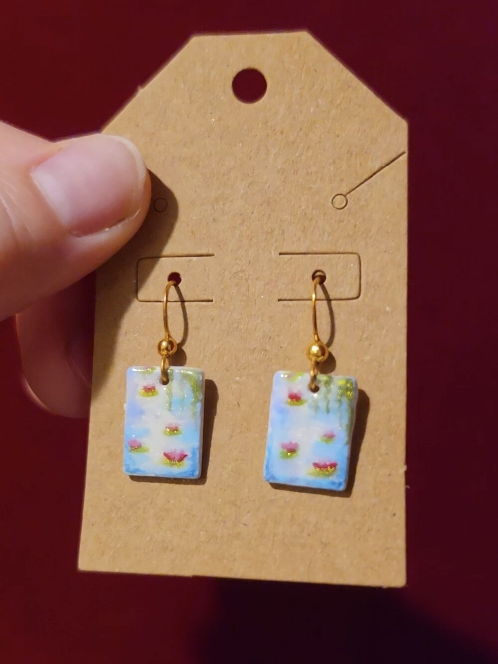 Handpainted Monet Waterlily Rectangle Drop Earrings - 925, 14k Gold Vermeil